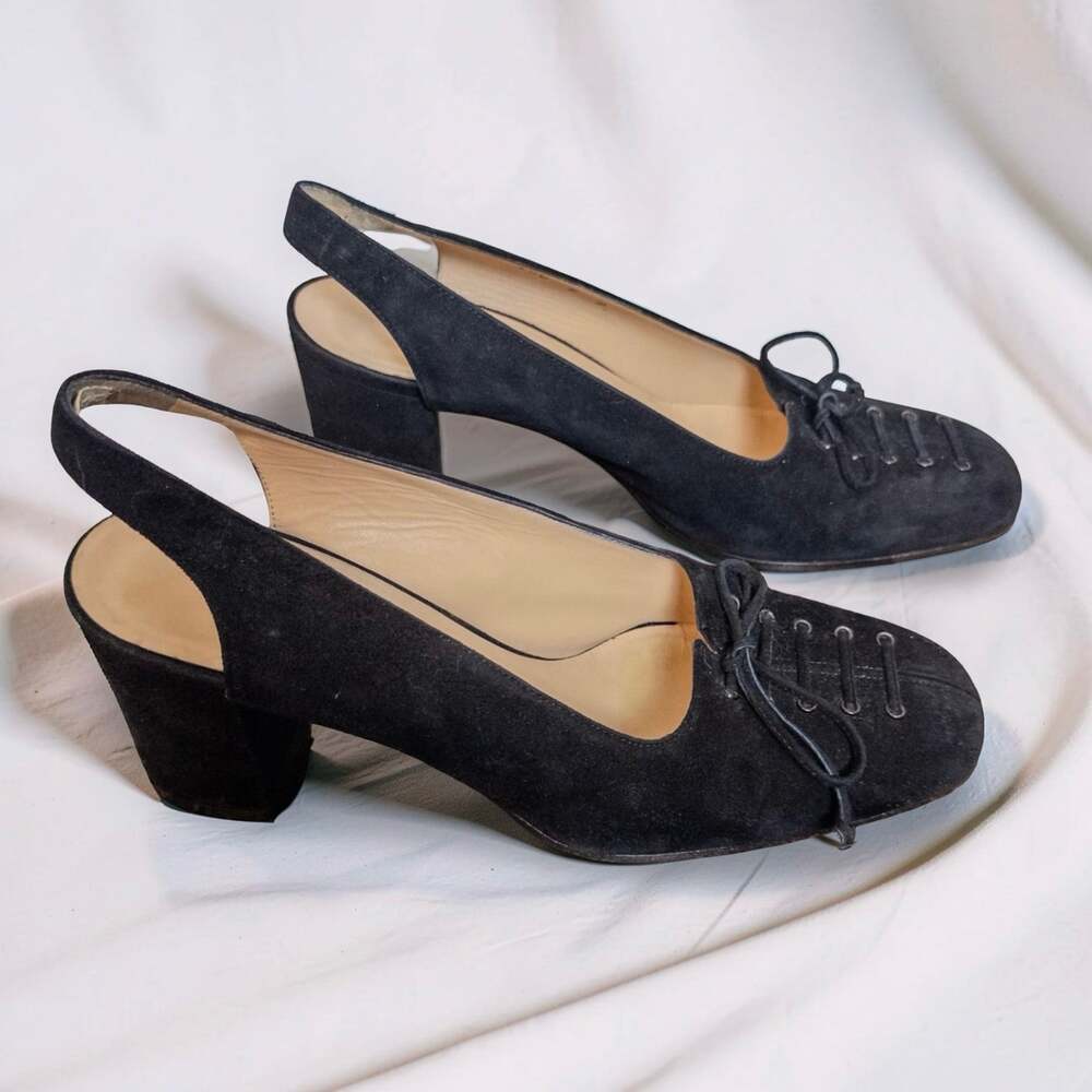Bottega Veneta Vintage Black Suede Lace Up Slingback Block Heel Pumps 8
